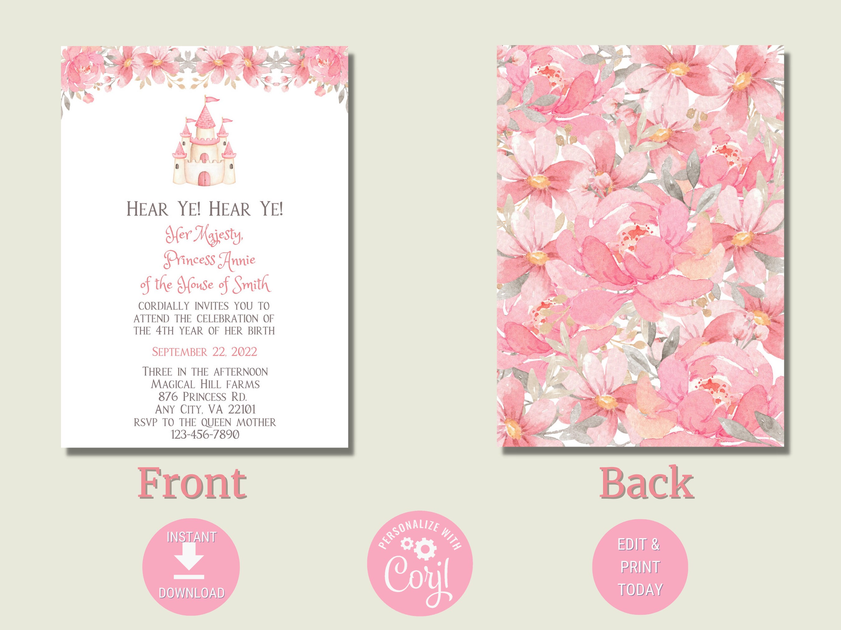 Princess Birthday Invitation Editable, Princess Party Printables, Princess Party Invite ...