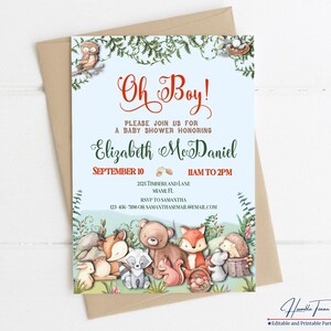 Oh Junge-Babyparty-Einladungskarte, bearbeitbare Wald-Babyparty-Einladung Junge, Babyparty-Printables laden ein, Waldthema-Babyparty