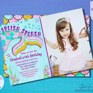 Mermaid Photo Birthday Invitation, Splish Splash Invite, Mermaid Pool Party Invites Girls, Water Party, Editable Digital Downloads Printable