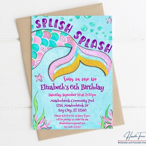 Splish Splash Mermaid Birthday Invitation, Mermaid Pool Party Invites, Water Party Birthday Invitation, Editable Digital Downloads Printable