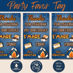 Étiquette de cadeau Smores, étiquettes de remerciement personnalisées, fête autour d'un feu de camp, fête d'anniversaire feu de camp dans l'arrière-cour imprimable, camping d'automne, étiquette amusante S'more