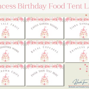 Etiqueta de comida para festa de aniversário de princesa, decoração de mesa de festa de princesa, imprimíveis de festa de princesa, decorações de primeiro aniversário de princesa, cartão de barraca de comida