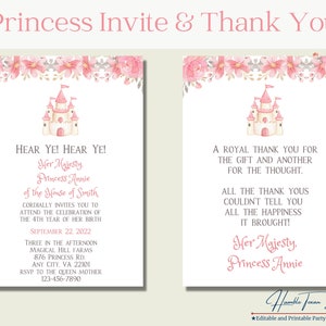 Convite de aniversário de princesa editável, cartão de agradecimento de princesa, pacote de aniversário de princesa, imprimíveis para festa de princesa, convite de Era uma vez