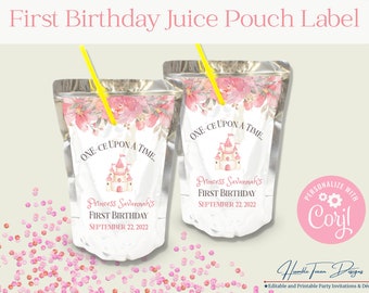Juice Pouch Label, Princess Party Favor Labels, Once Upon a Time First Birthday, Capri Sun Template, Princess Party Printables, 1st Birthday