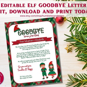 Carta de despedida de elfos EDITÁVEL, despedida de elfo, modelo para impressão de Natal, carta personalizada de elfos meninos e meninas, nota de saída de elfos