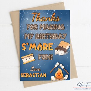 Smores, obrigado, cartões de agradecimento personalizados para crianças, festa na fogueira, festa de aniversário na fogueira no quintal para impressão, acampamento de outono, etiqueta divertida S'more