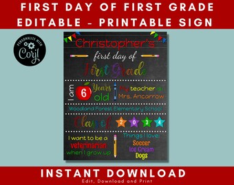 First Day of First Grade Sign Printable, Editable Chalkboard, Personalized Grade Sign, Photo prop, Milestone Poster, Back to School, Digital