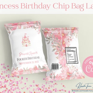Princess Party Chip Bag, Princess Birthday Printables, Princess Party Favor Labels, Princess Party Theme, Once Upon a Time, Party Food Label