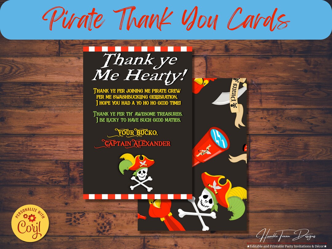 Pirate Thank You Card, EDITABLE Thank You Notes, Pirate Birthday Party ...