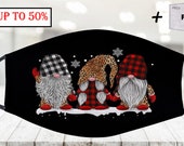 Three Gnomes In Leopard Printed Buffalo Plaid Christmas Face Mask With Filter Pocket Reusable Washable Face Mask , Best Gifts Adults