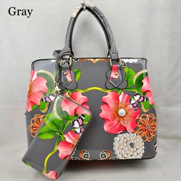 Patent Leather Floral Handbag | Etsy