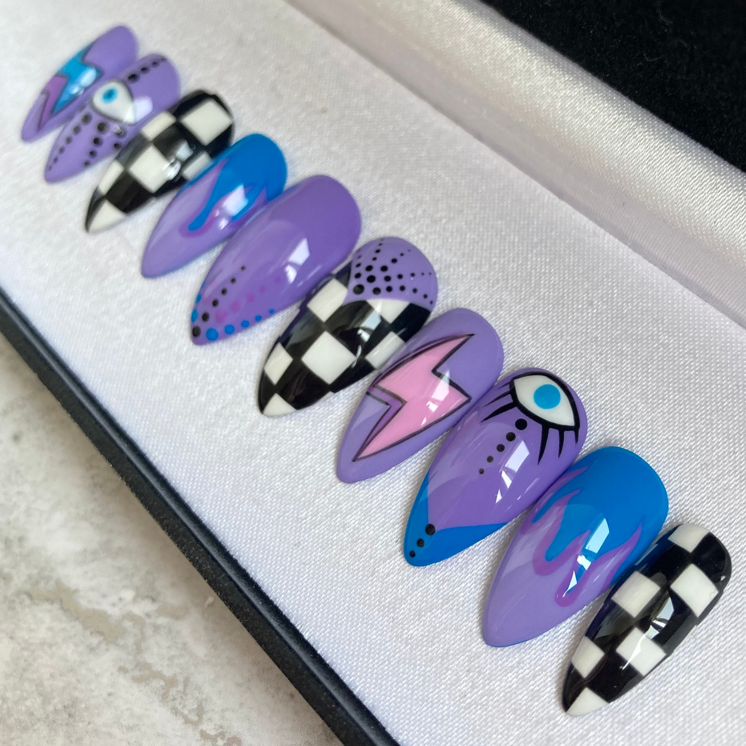 Purple Checkered Press-on Nails - Etsy UK