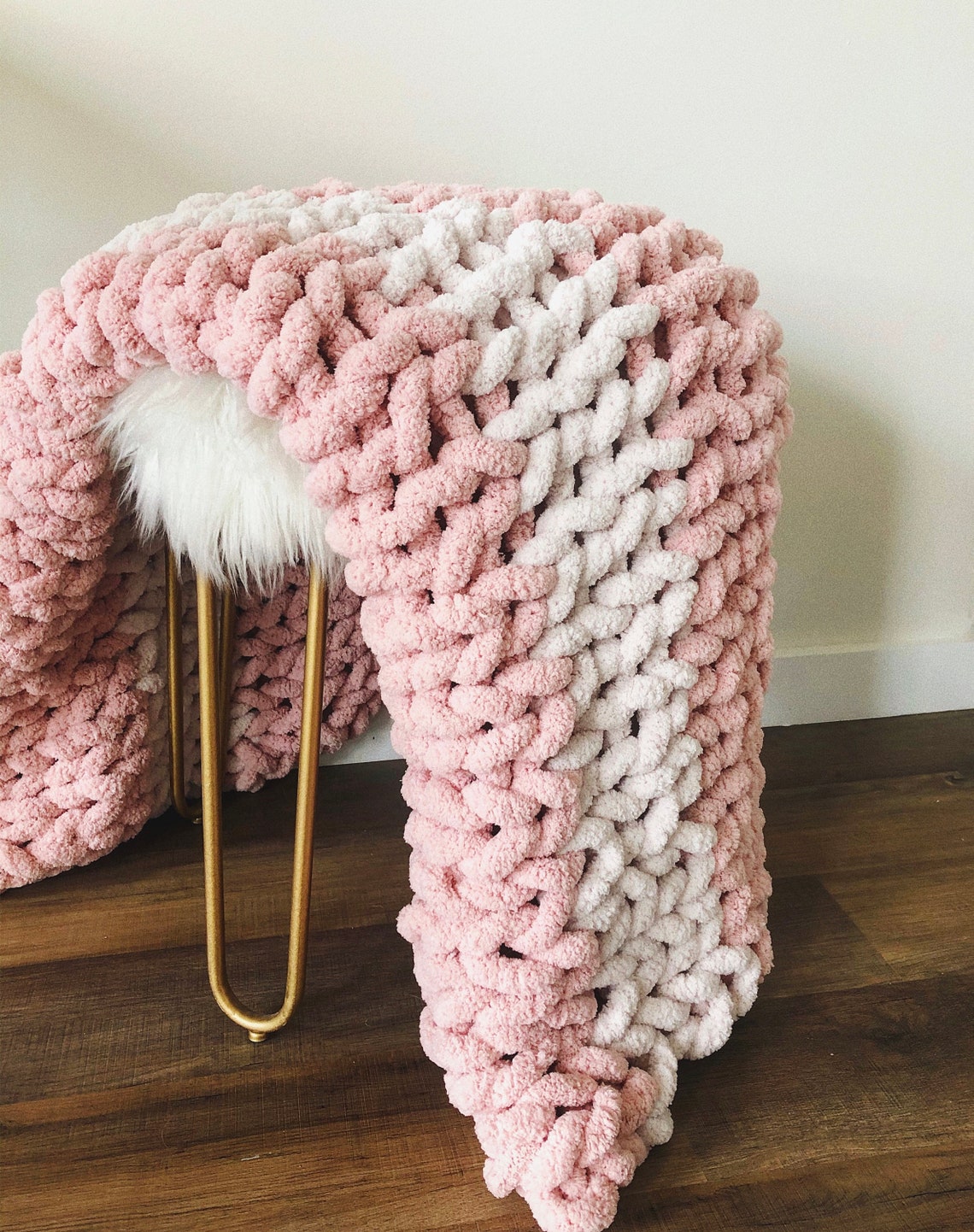 Chunky KNIT Throw Blanket in Dream Pink and White Etsy