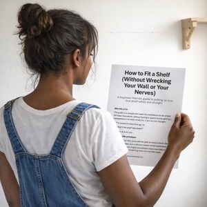 May include: A person holding a printed guide titled "How to Fit a Shelf (Without Wrecking Your Wall or Your Nerves)". The guide is a beginner-friendly guide to putting up a shelf safely and straight. The person is wearing denim overalls.