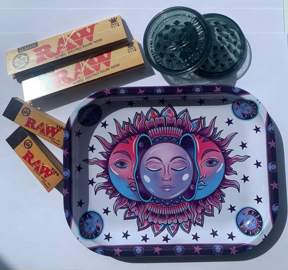 Sun and Moon Cannabis Rolling Tray Kit, Herb Grinder Set, Rolling