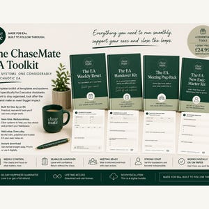May include: The ChaseMate EA Toolkit includes four dark green books titled The EA Weekly Reset, The EA Handover Kit, The EA Meeting Prep Pack, and The EA New Exec Starter Kit. Also featured are four white printed templates, a green mug, and a green pen.