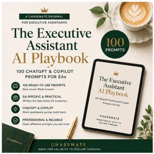 May include: A digital tablet displays the title The Executive Assistant AI Playbook with 100 ChatGPT & Microsoft Copilot Prompts for EAs. The screen features a gold crown icon, the brand name Chasemate, and the text Made for EAs. Built to follow through.