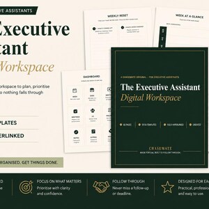 以下が含まれることがあります： ダークグリーンの表紙に白い文字で「The Executive Assistant Digital Workspace」と記されたエグゼクティブアシスタント向けデジタルワークスペースプランナー。60ページ、59種類のテンプレートで構成され、ハイパーリンク付きで日付は未記入です。