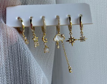 14K Celestial Gold Hoop Earring Set • Charm Huggie Earrings • Star Moon Cloud Earrings • Minimal Gold Earring Set • Valentine gift for Her