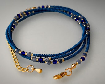 Blauwe Tailleketting met Tsjechische glaskralen – Buikkralen met gouden sluiting