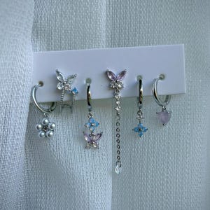 14K Celestial Silver Hoop Earring Set • Charm Huggie Earrings • Pink Butterfly Earrings • Minimal Silver Earring Set • ValentineGift for Her