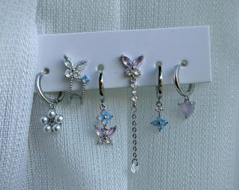 14 kt hemelzilveren ringoorbellen • Charm Huggie-oorbellen • Roze vlinderoorbellen • Minimalistische zilveren oorbellenset • Valentijnscadeau voor haar
