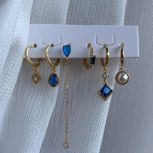 14K Celestial Gold Hoop Earring Set • Charm Huggie Earrings • Blue Stone Earrings •Gold Earring Set • Valentines Gift for Her/  6piece