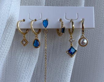 14K Celestial Gold Hoop Earring Set • Charm Huggie Earrings • Blue Stone Earrings •Gold Earring Set • Valentines Gift for Her/  6piece