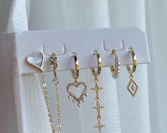 14K Celestial Gold Hoop Earring Set • Charm Huggie Earrings • Stars/ Heart Earrings • Minimal Gold Earring Set • Gift for Her• 6 piece