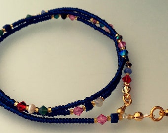 Blue Czech Crystal Waist Beads - Gold Clasp Belly Chain
