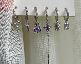 14K hemelzilveren ringoorbellen • Huggie-bedeloorbellen • Paars |  Oorbellen • Minimalistische zilveren oorbellenset • Valentijnscadeau voor haar