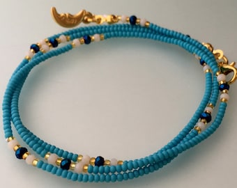 Blue Czech Glass Waist Beads - Belly Chain with Clasp