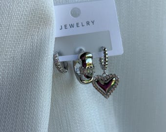 14K Celestial silver Hoop Earring Set • Charm Huggie Earrings • Heard Earrings • Minimal silver Earring Set • Gift for Her