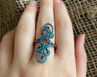 Anillo turquesa de plata de ley hecho a mano, estilo otomano