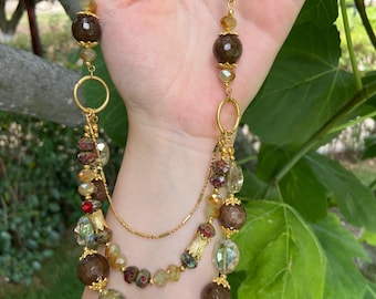Handmade Gemstone Statement Necklace • Gold Plated Layered Beaded Jewel