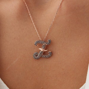 Personalized Pave Letter Necklace with Black CZ Diamonds, Initial Necklace, Sterling Silver Necklace, Dainty Necklace