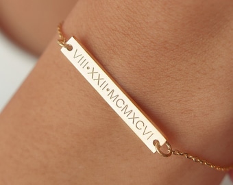 Personalized Bar Bracelet, Roman Numeral Engraved Bracelet, Coordinate Design Unique Jewelry, Customizable Birthday and Christmas Gift