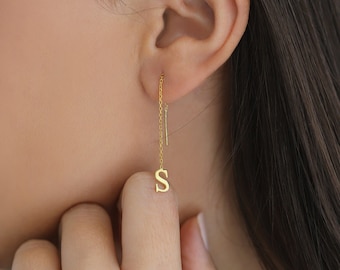 Dangle Letter Earrings, Sterling Silver Threader, Initial Chain