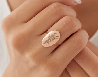 Midi Birth Flower Ring, Flower Signet Ring, Wildflower Ring, Birth Flower Jewelry, Oval Signet Ring, Custom Signet Ring, Silver Signet Ring