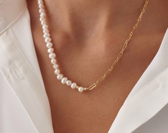 18k Gold Genuine Freshwater Pearl Necklace in Sterling Silver, Slightly Irregular Shape Round Fresh Water Pearl Necklace with gold chain
