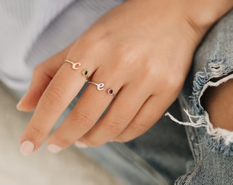 Birthstone Letter Wrap Ring, Initial Birthstone Ring, Gemstone Initial Ring, Custom Birthstone Ring, Custom Name Ring, Personalized Ring