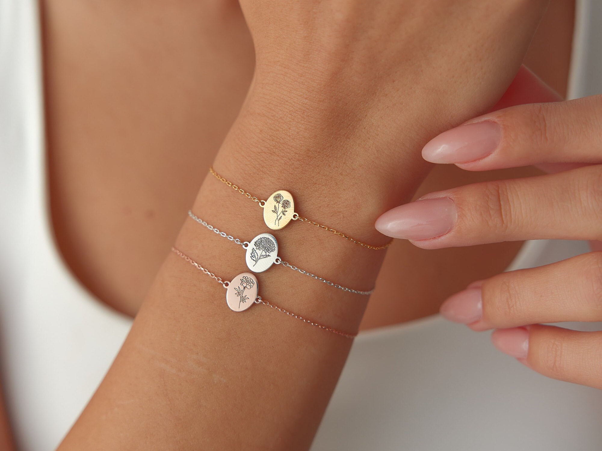Tiny Birth Flower Bracelet, Wild Flowers Memorial, Sterling Silver Bracelet, Gift For Her, Birth Flower Jewelry, Floral Bracelet