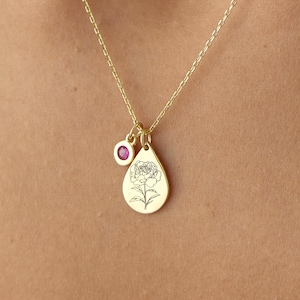 Collier fleur de naissance en forme de larme : argent sterling avec pierre de naissance