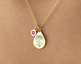 Tiny Birthflower Necklace, Birthstone Floral Necklace, Personalized Sterling Silver Necklace, Birthflower Jewelry, Gift for Mom, Her, Sister
