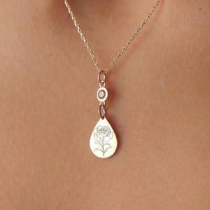 Tiny Birth Flower Pear Cut Gold Necklace, Birthstone Charm, Dainty Birth Flower Necklace, Floral Necklace, Silver Necklace, Christmas Gift