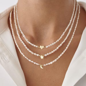 Freshwater Pearl Beads Necklace with Personalized Mother of Pearl, Star, Moon and Heart Love Charm, Freshwater Pearl Pendant, Gift for Her