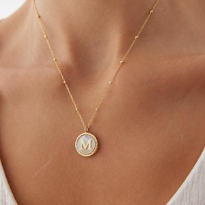 Mother Of Pearl Letter Necklace, Personalized Initial Custom Silver Coin Jewelry, Gift for Her