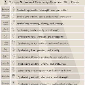 May include: A beige informational chart titled Discover Nature and Personality About Your Birth Flower. It lists twelve months with corresponding flower illustrations and symbolic meanings, such as January Snowdrop for passion and strength.