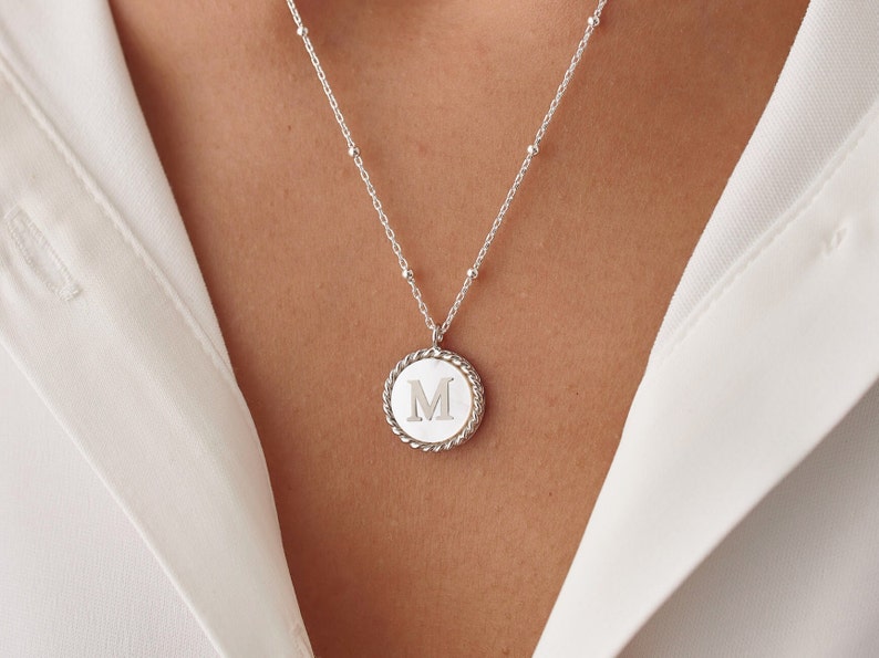 Pearl Letter Necklace, Mother Of Pearl Necklace, Custom Necklace, Silver Coin Necklace, Silver Initial Necklace, Silver Pearl Necklace image 4