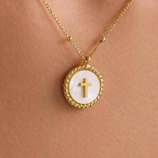 Pärlemorkorshalsband, 14K guldpläterat sterlingsilver, kristna smycken